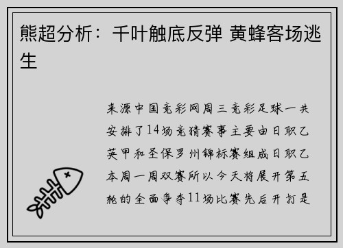 熊超分析：千叶触底反弹 黄蜂客场逃生