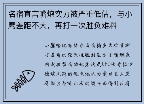 名宿直言嘴炮实力被严重低估，与小鹰差距不大，再打一次胜负难料