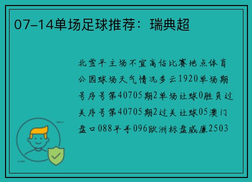 07-14单场足球推荐：瑞典超